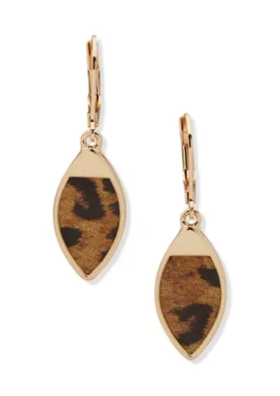 Gold Tone Brown Small Leopard Drop Earrings