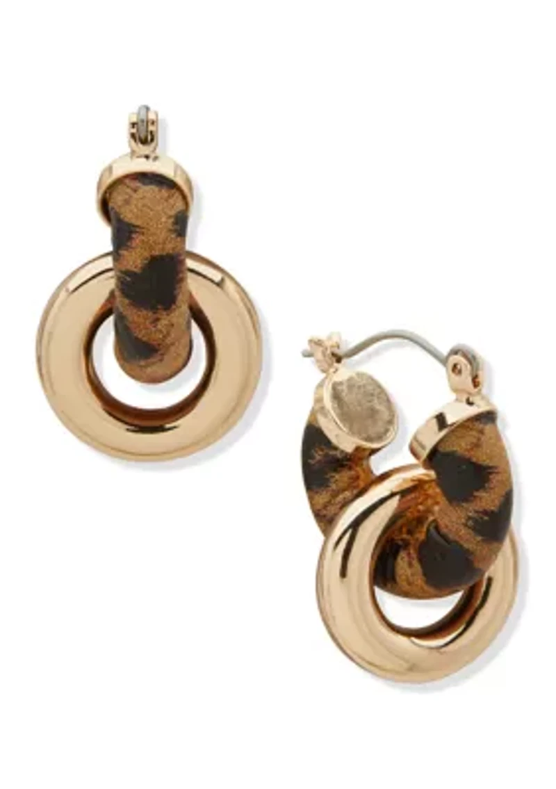 Gold Tone Brown Huggie Link Drop Earrings