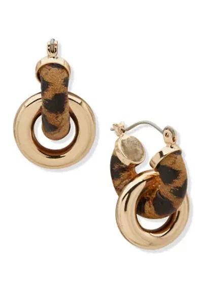 Gold Tone Brown Huggie Link Drop Earrings
