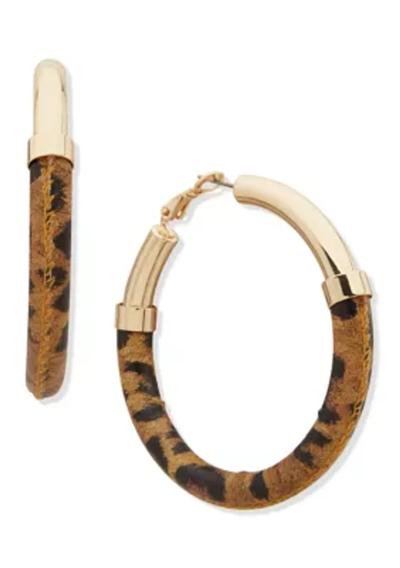 Gold Tone Brown Leopard Hoop Earrings