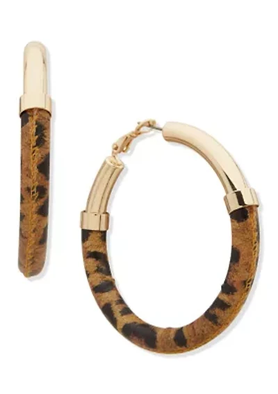 Gold Tone Brown Leopard Hoop Earrings