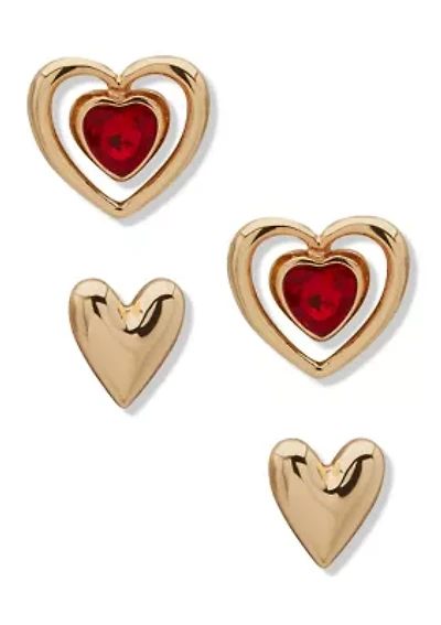 Gold Tone Siam Heart Duo Stud Earrings 