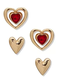 Gold Tone Siam Heart Duo Stud Earrings 