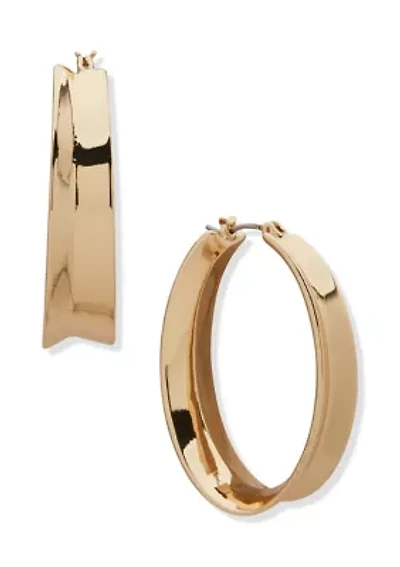 Wide Gold Tone Oval Click Hoop Earrings