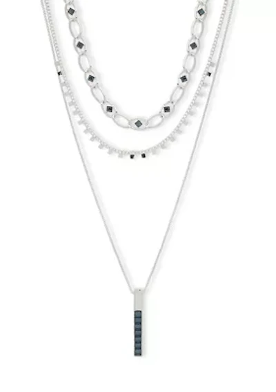 Silver Tone Denim Blue Pendant Multi Row Necklace