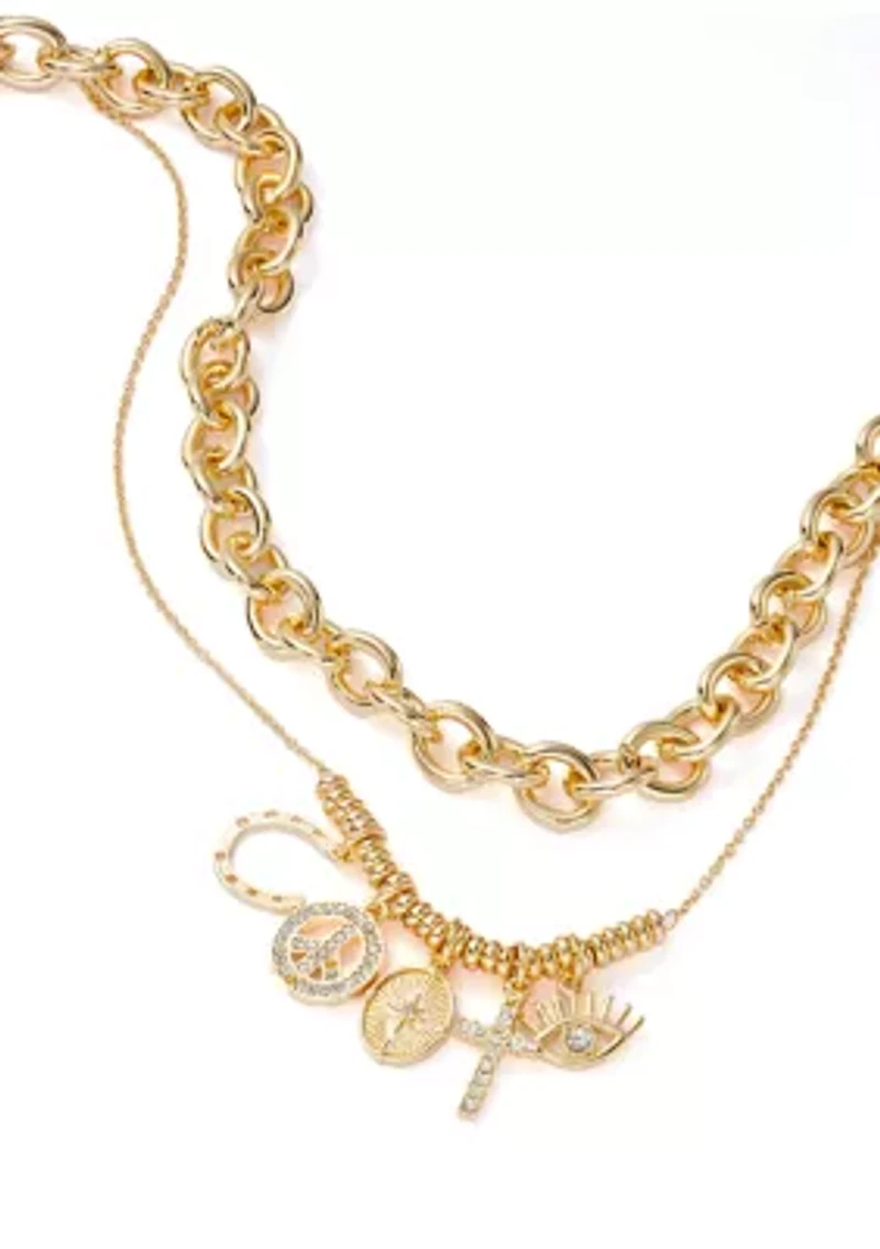Gold Tone Charm Multirow Necklace
