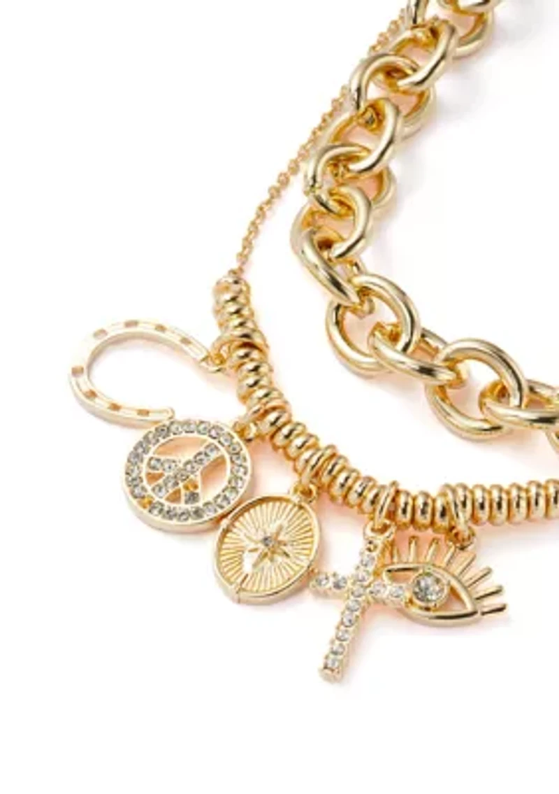 Gold Tone Charm Multirow Necklace