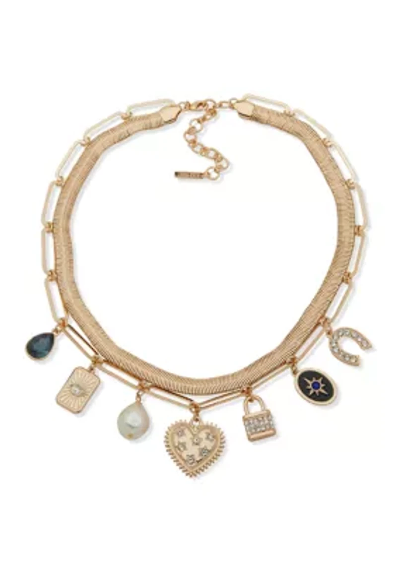 Gold Tone Multi Row Charm Necklace