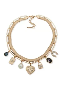 Gold Tone Multi Row Charm Necklace