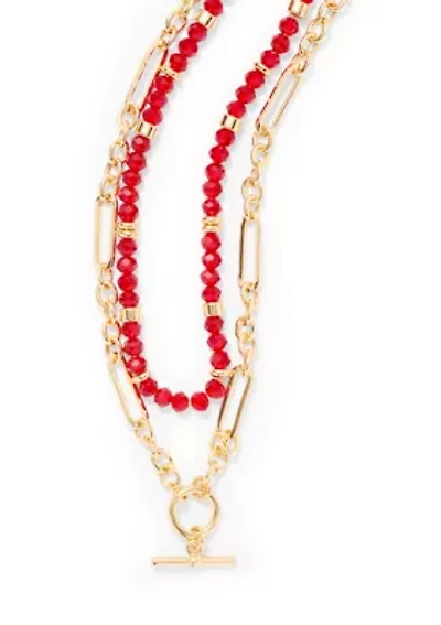 Red Beaded Multi-Strand Gold Necklace