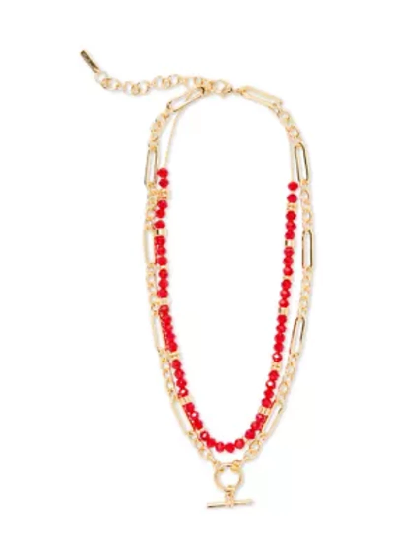 Red Beaded Multi-Strand Gold Necklace