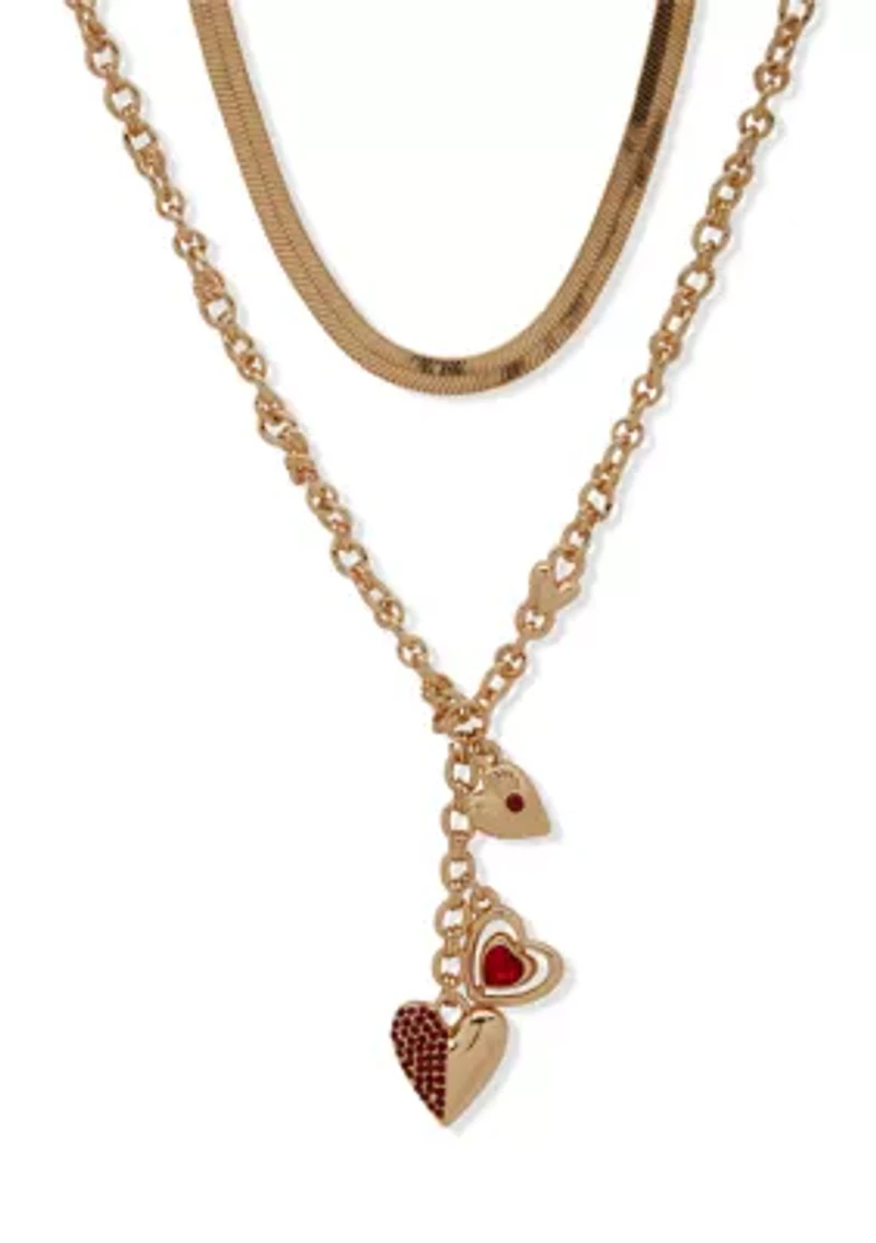 Gold Tone Red Heart Charm Y Necklace