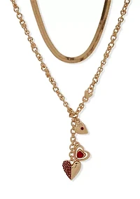 Gold Tone Red Heart Charm Y Necklace