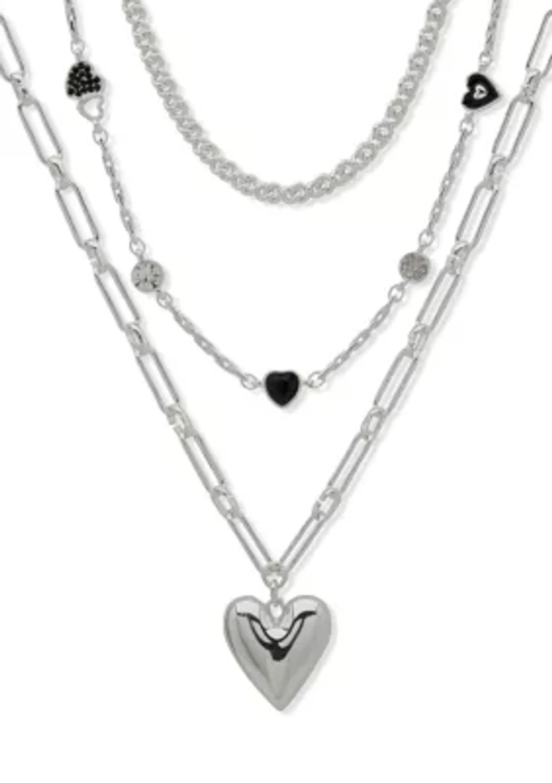 Silver-Tone Jet Crystal Multirow Heart Necklace