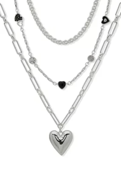 Silver-Tone Jet Crystal Multirow Heart Necklace