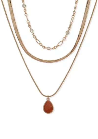 Stone Multi Layer Gold Tone Pendant Necklace