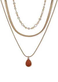 Stone Multi Layer Gold Tone Pendant Necklace