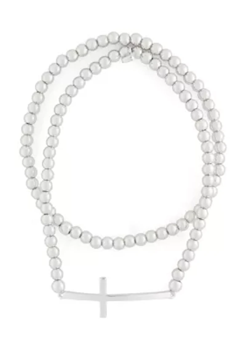 Silver Tone Set of 2 Cross Beaded Stretch Bracelet - Boxed
