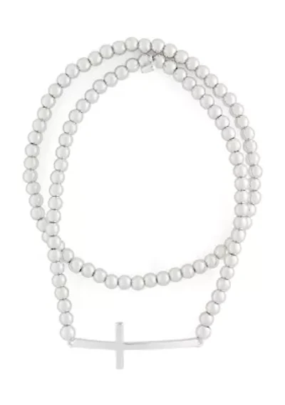 Silver Tone Set of 2 Cross Beaded Stretch Bracelet - Boxed
