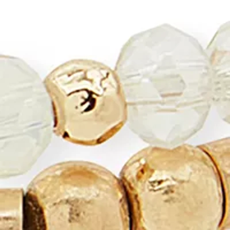Gold Tone White Beaded Heart Charm Stretch Bracelet Set