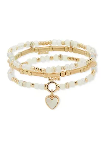 Gold Tone White Beaded Heart Charm Stretch Bracelet Set