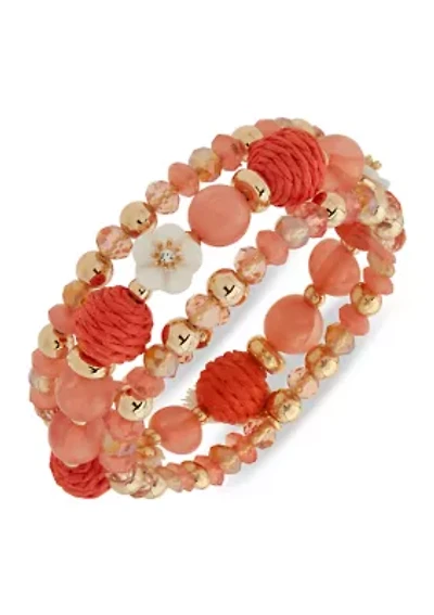 Gold Tone Beaded Flower Stretch Bracelet Set