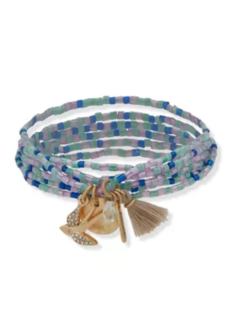 Gold Tone Blue 6 Beaded Stretch Bracelet Set