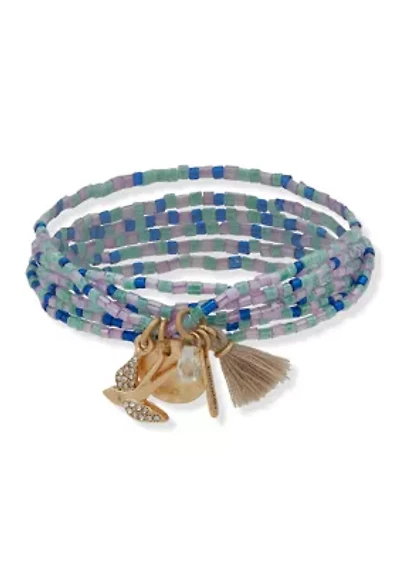 Gold Tone Blue 6 Beaded Stretch Bracelet Set