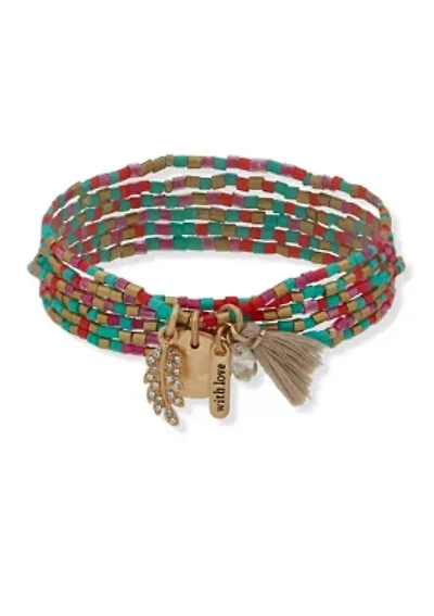Gold Tone Multi Beaded 6 Stretch Bracelet Set