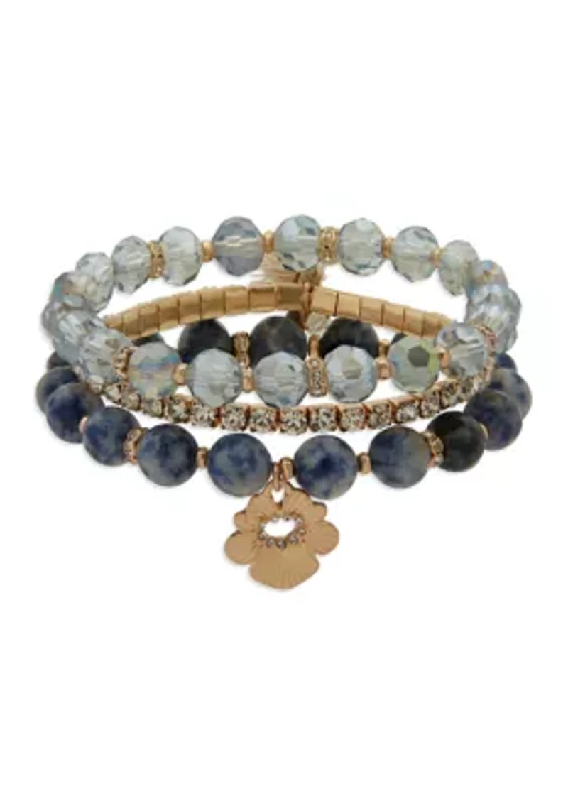 Gold Tone Beaded Flower Stretch Bracelet Set