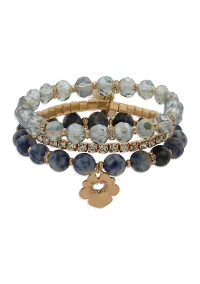 Gold Tone Beaded Flower Stretch Bracelet Set