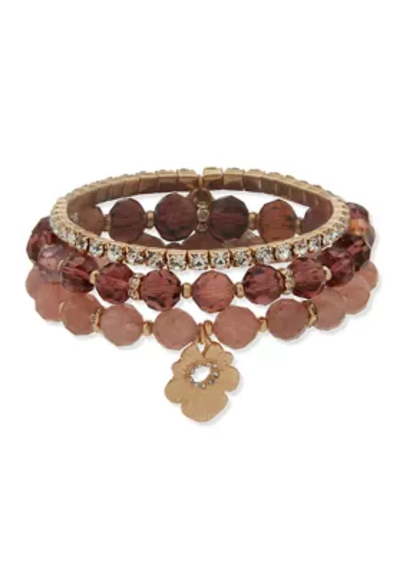 Gold Tone Burgundy Beaded Flower Stretch Bracelet Set