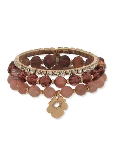 Gold Tone Burgundy Beaded Flower Stretch Bracelet Set