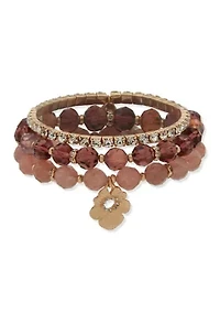 Gold Tone Burgundy Beaded Flower Stretch Bracelet Set