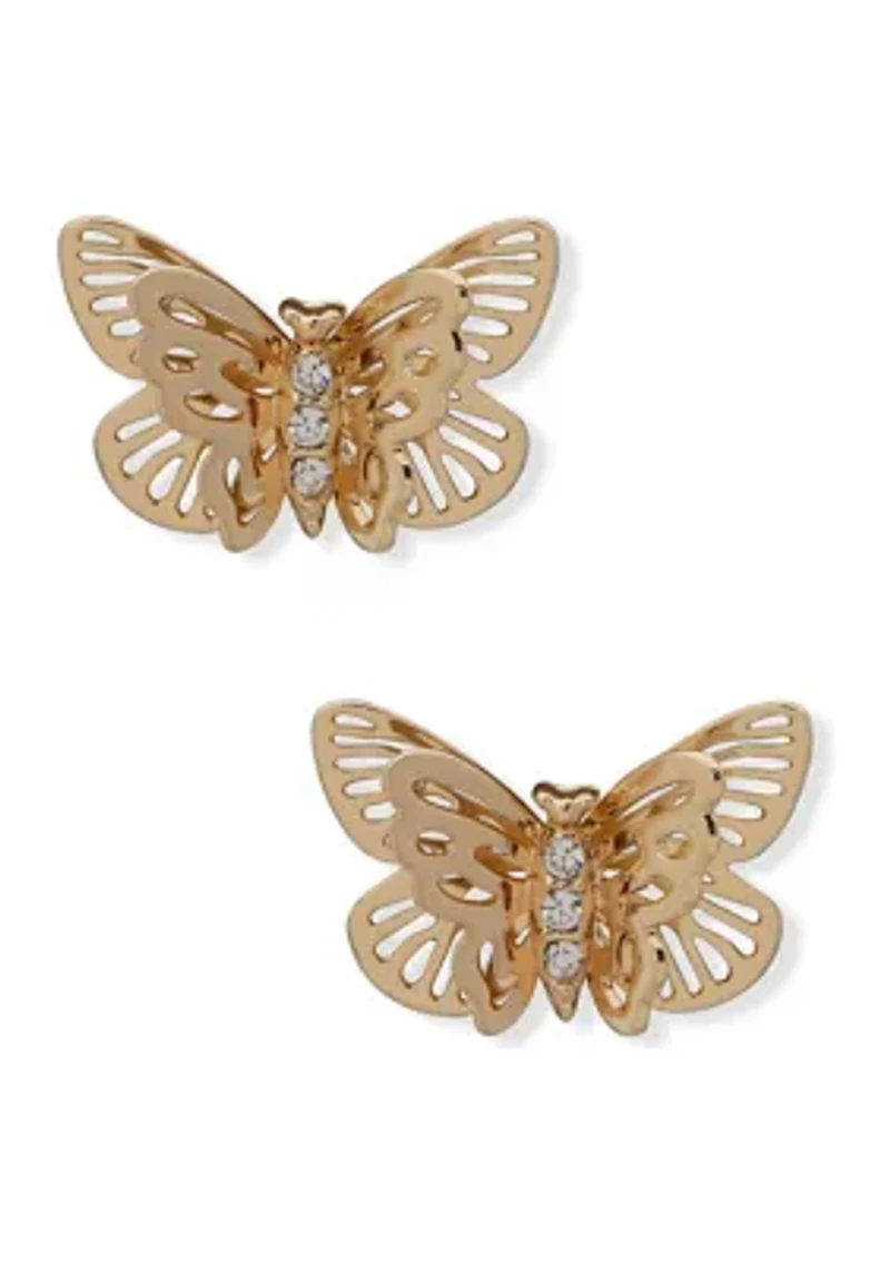 Silver Tone Crystal White Butterfly Stud Earrings