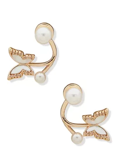 Gold Tone White Pearl Butterfly Earrings