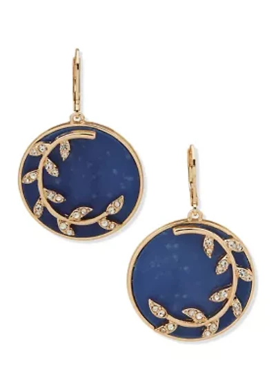 Gold Tone Blue Branch Disc Drop Earrings