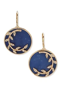 Gold Tone Blue Branch Disc Drop Earrings