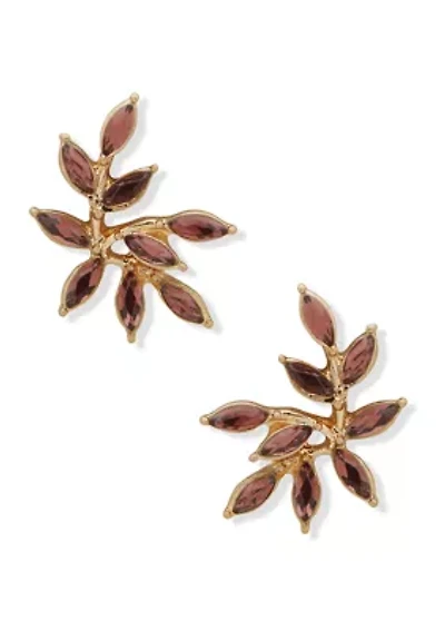 Gold Tone Stone Leaf Stud Earrings