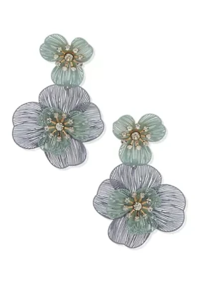 Gold Tone Multi Layered Flower Double Drop Earrings