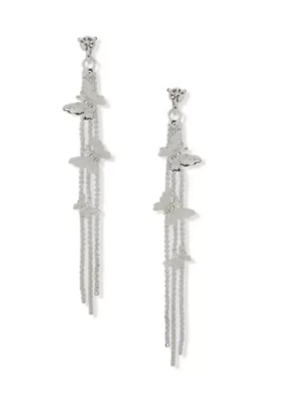 Silver Tone Crystal White Butterfly Chain Linear Earrings
