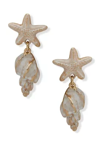 Gold Tone White Post Starfish Drop Earrings