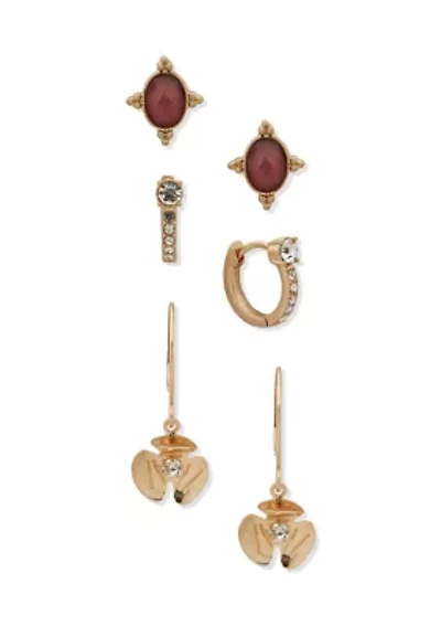 Gold Tone Burgundy Flower Stone Trio Earrings Set