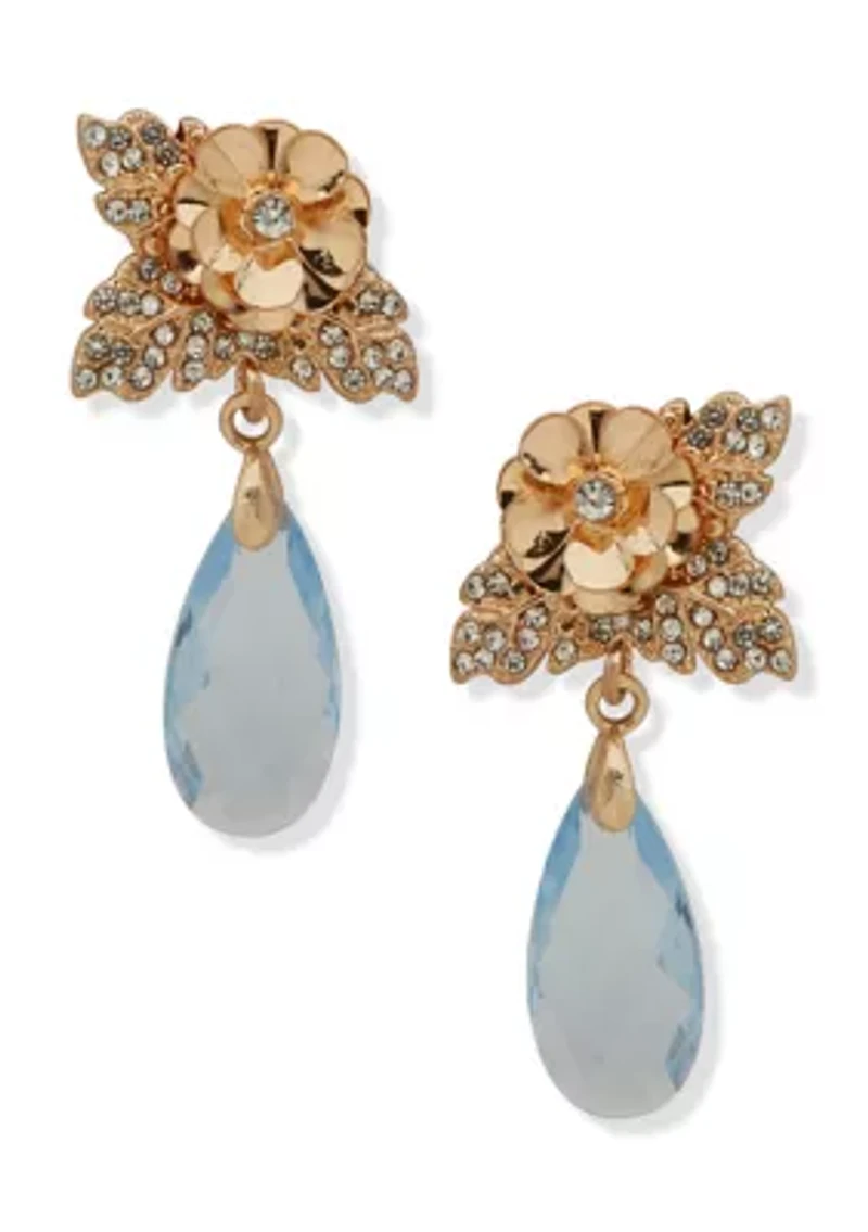 Gold Tone Blue Flower Stone Drop Earrings