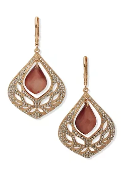 Gold Tone Burgundy Stone Branch Open Drop Earrings