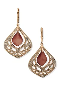 Gold Tone Burgundy Stone Branch Open Drop Earrings