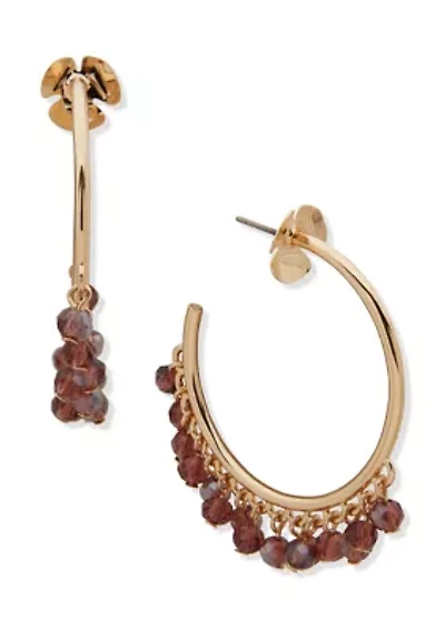 Gold Tone Burgundy Beaded Hoop Earrings