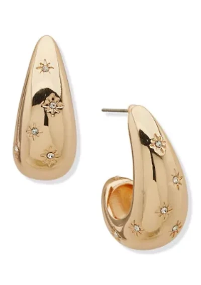 Gold Tone Crystal Pave Puffy Hoop Earrings