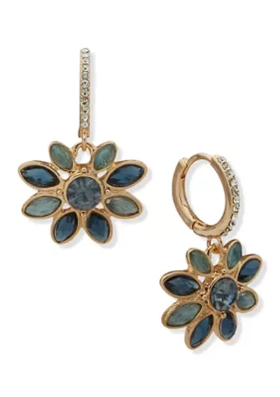 Pave Flower Drop Hoop Earrings