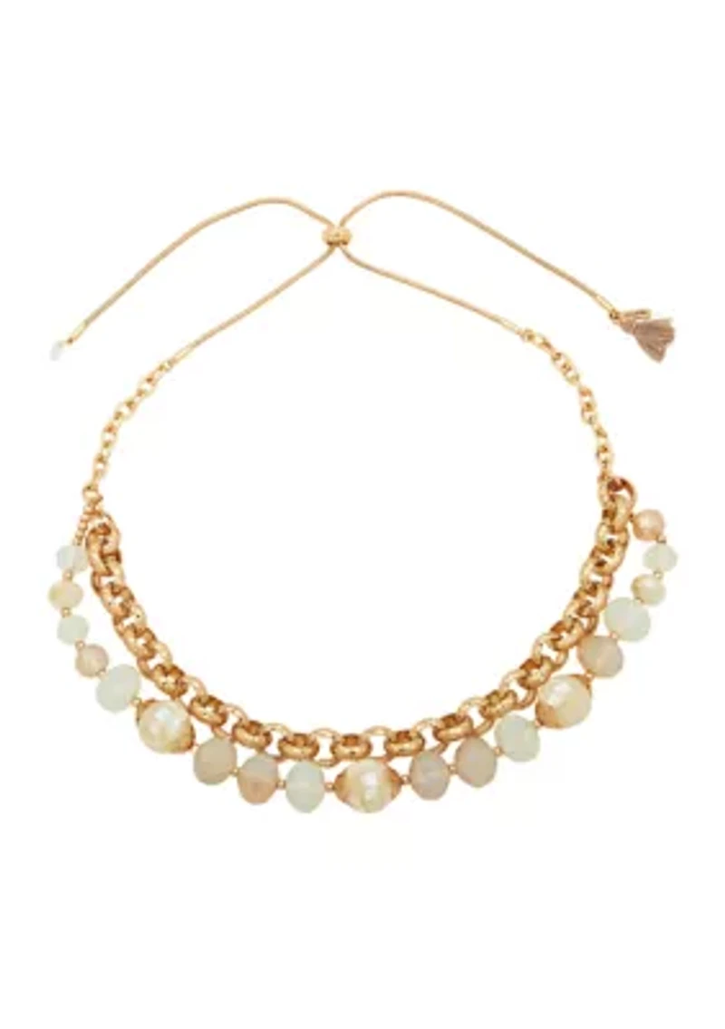 Gold Tone White Carved Bead and Chain Frontal Necklace
